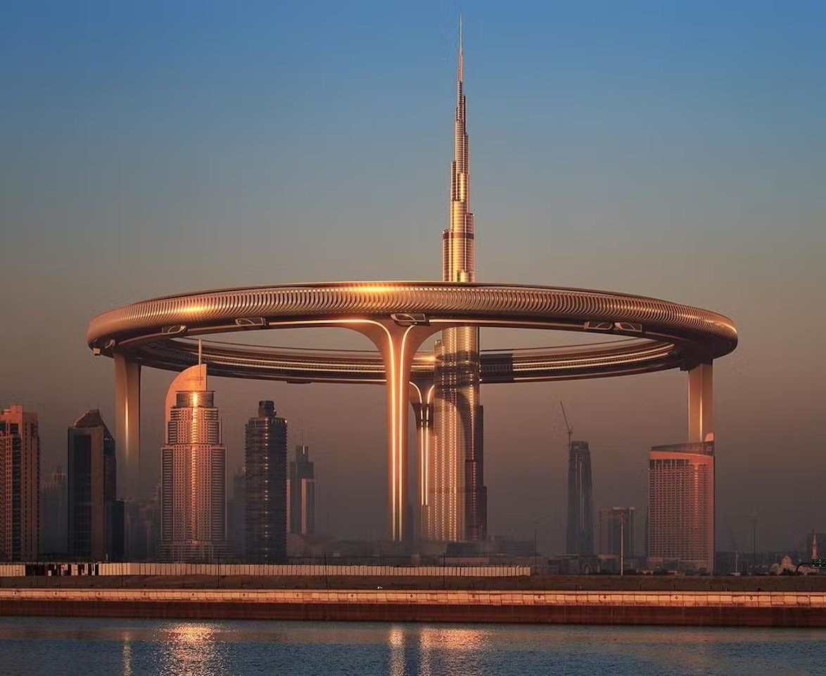 Full view of the ZNera Space-designed Downtown Circle ring-like megastructure in Dubai. 