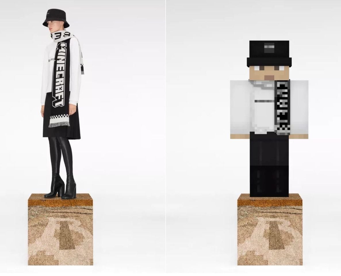 Real-life and digital models sport a Minecraft logo jacquard scarf featured in the new Burberry x Minecraft fashion collection.  