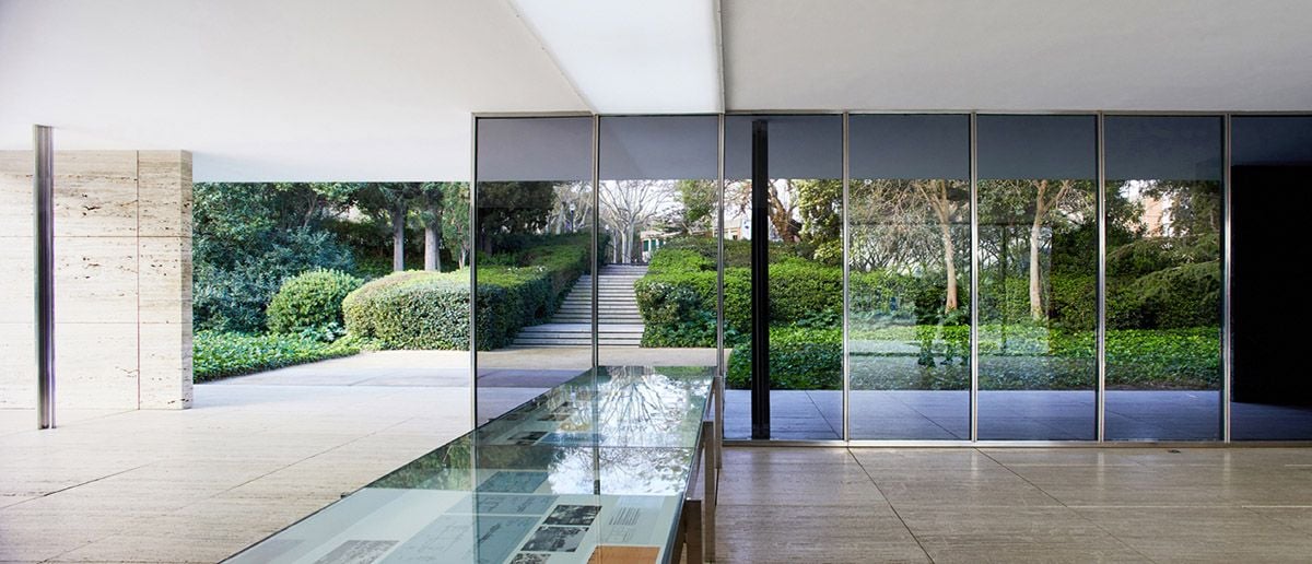 Inside the timeless Barcelona Pavilion, designed by Lilly Reich in collaboration with Ludwig Mies van der Rohe. 