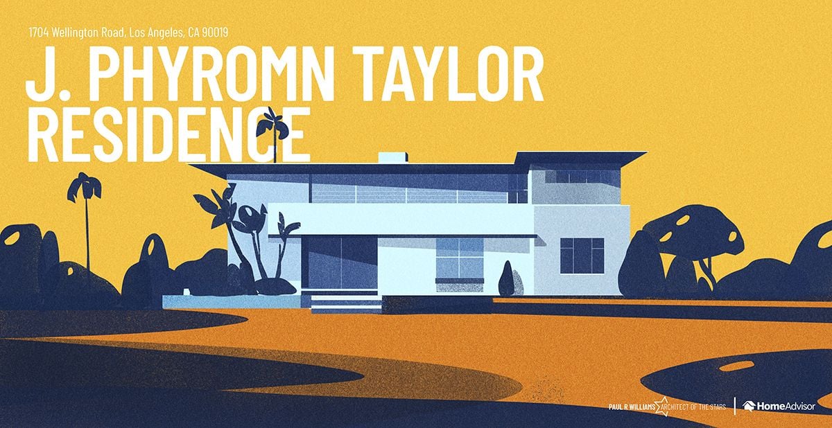 Colorful illustration of the Paul R. WIlliams-designed J. Phyromn Taylor Residence, as featured in a new tribute from HomeAdvisor. 