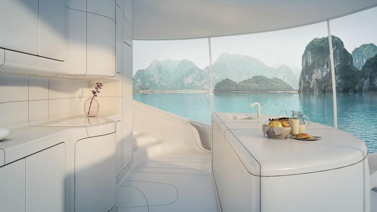 Interior rendering of a futuristic SeaPod home.