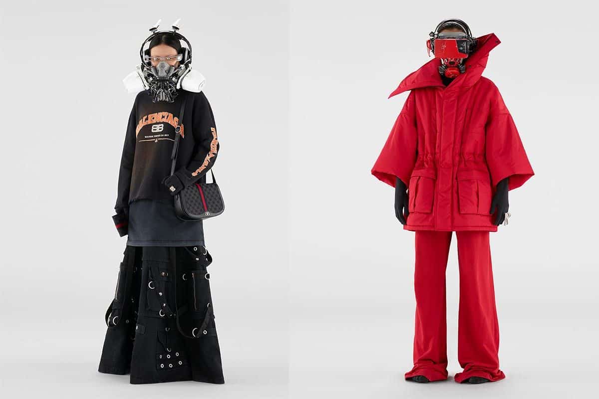Robot-masked models sport wide, baggy pants and jackets for Balenciaga's Spring 22 Campaign.