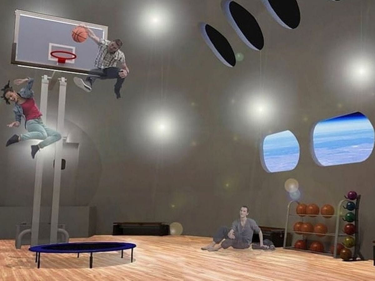 Zero-gravity basketball court inside Orbital Assembly's Voyager station space hotel.