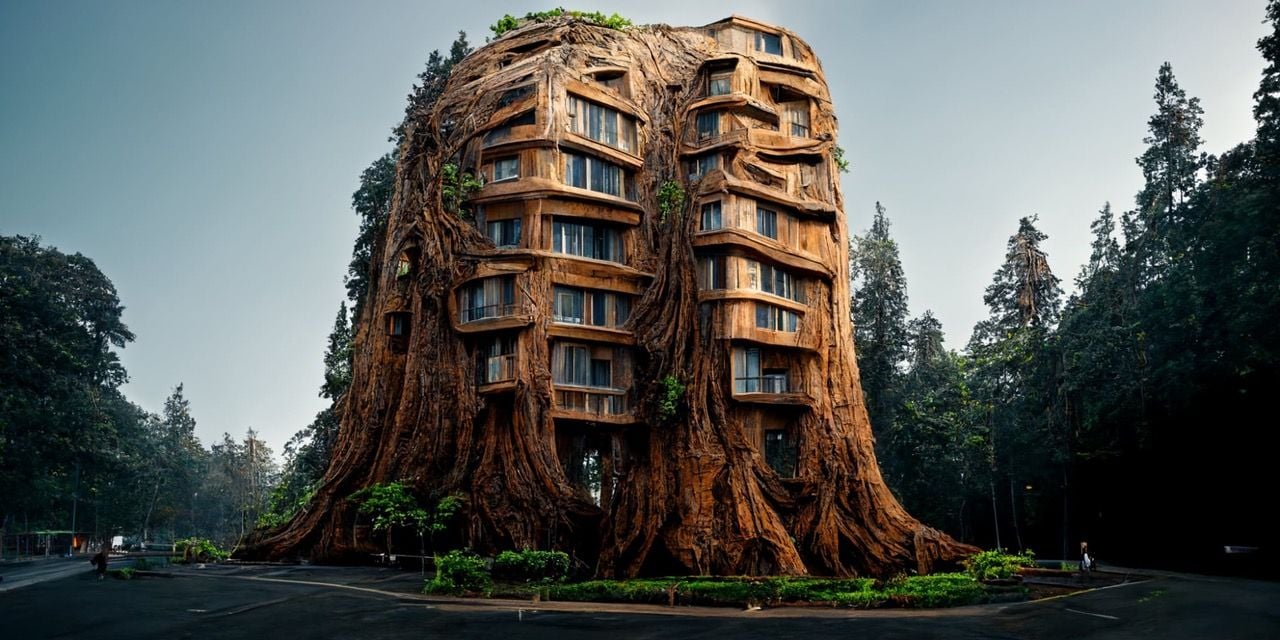 Futuristic redwood tree housing structure generated by Manas Bhatia using the AI art generator Midjourney.