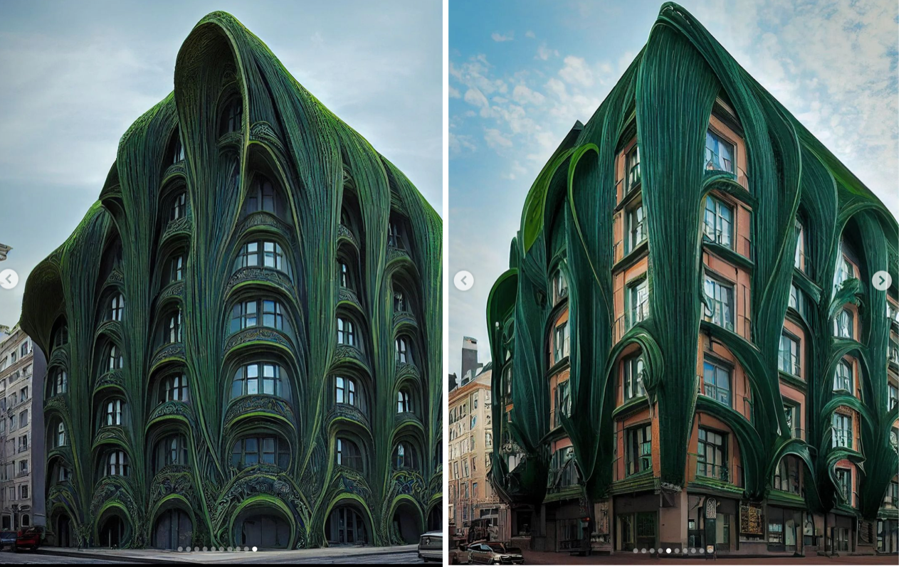Green, nature-inspired architecture conceived by Hassan Ragab in collaboration with the Midjourney AI art generator. 