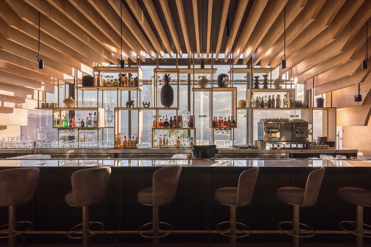 Elegant bar space in the Ling Ling restaurant offers perfectly framed views of Mexico City. 