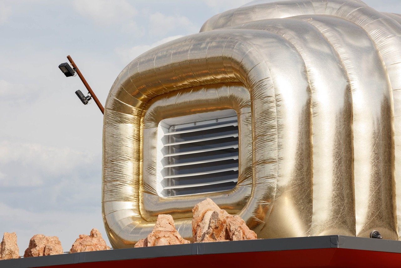 Close-up view of the golden, inflatable 