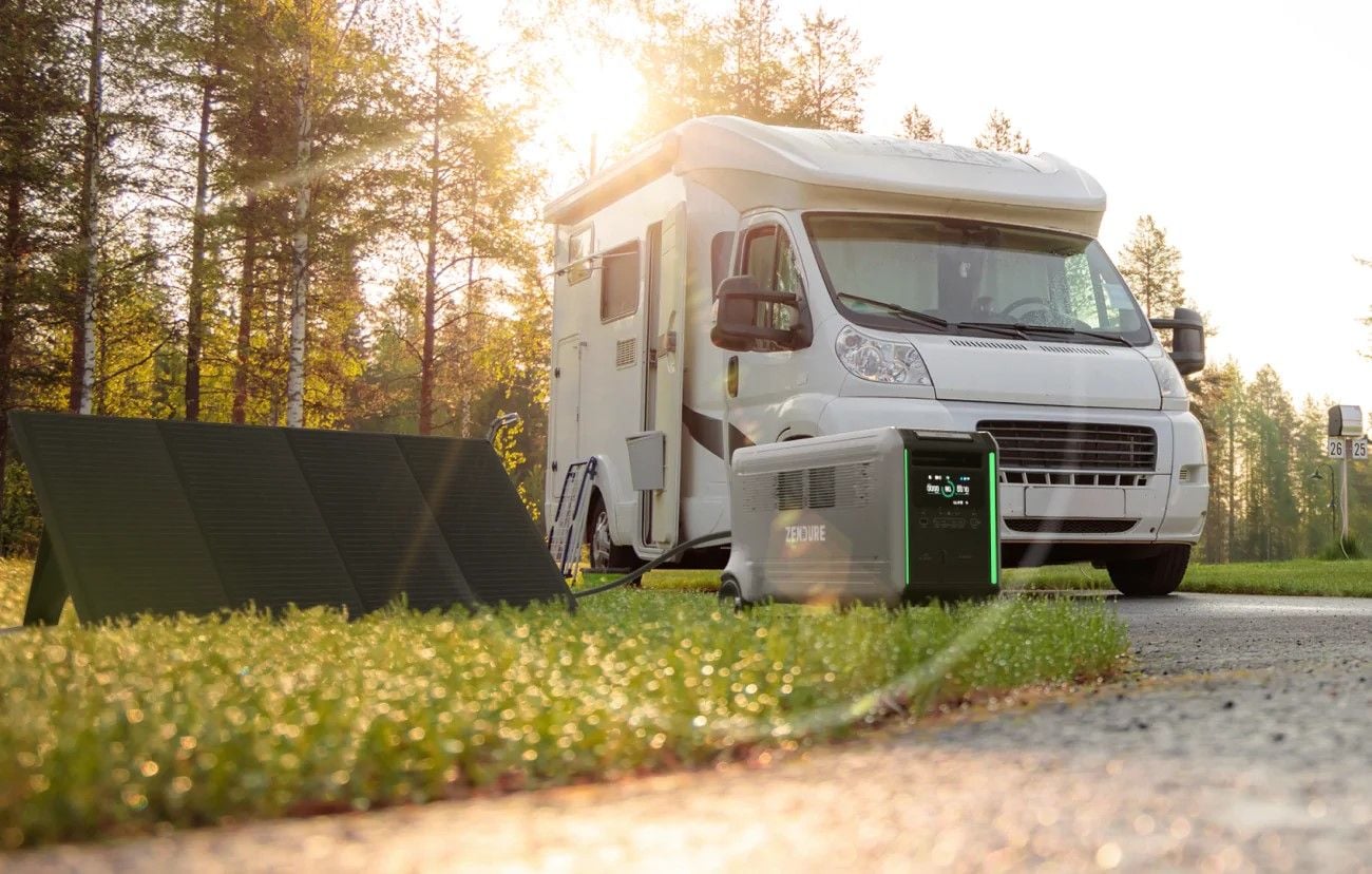 Superbase V plug-and-play energy storage system works with solar panels to collect energy for a large RV.