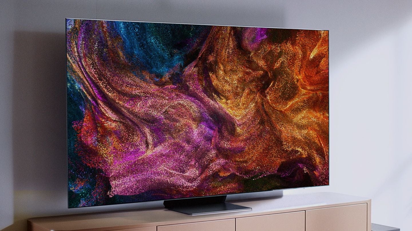 Samsung's Neo QD OLED TV displays a swirling collage of vivid colors.