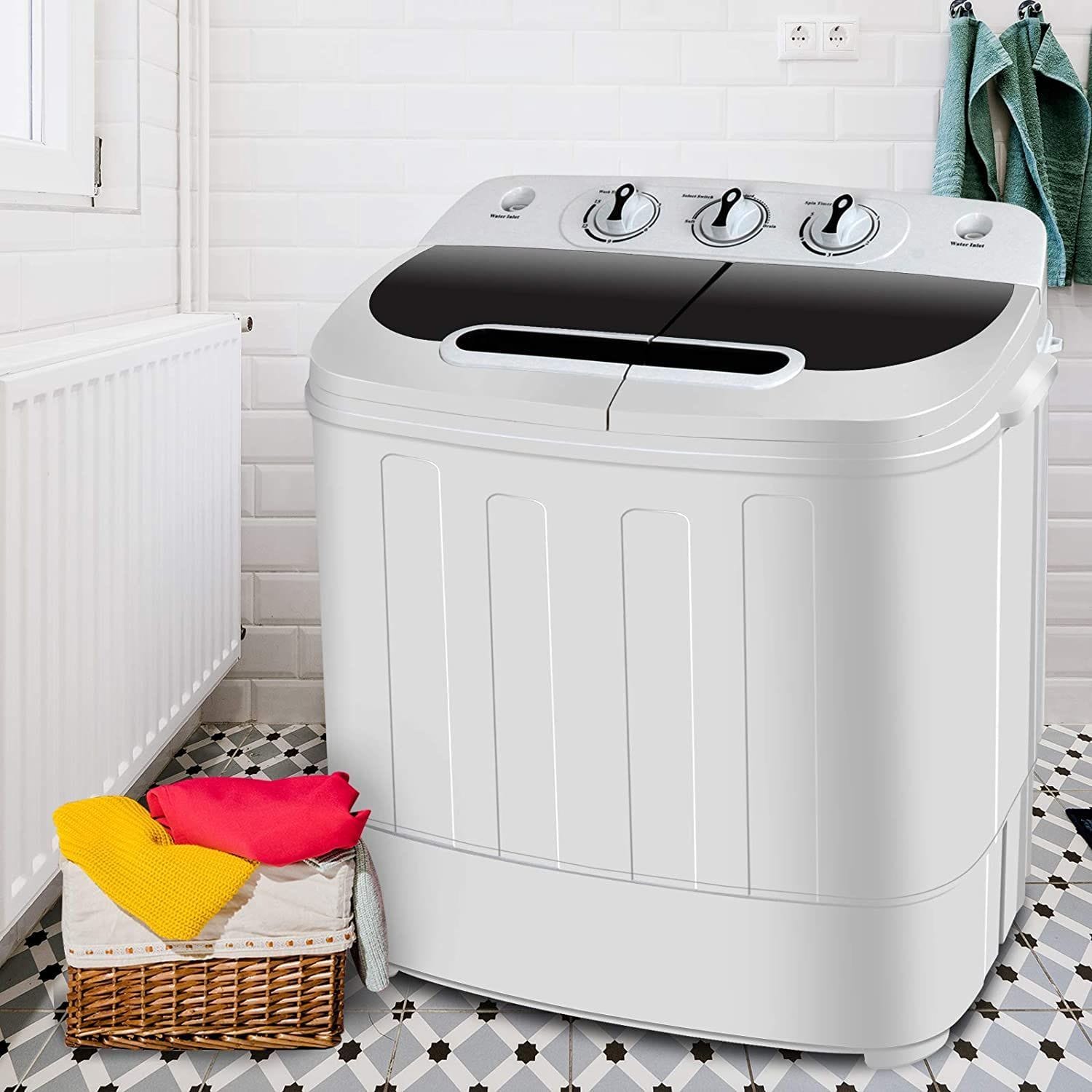 Amazon's affordable Super Deal Portable Washer-Dryer set up in a larger laundry space. 