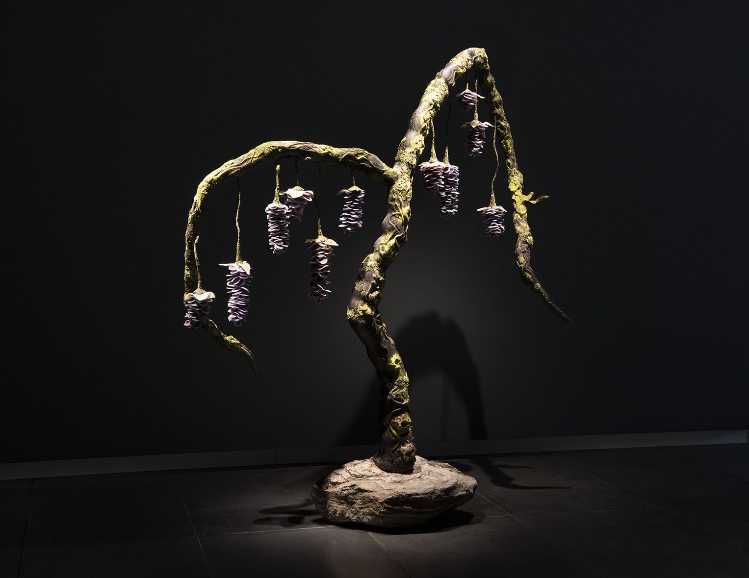 A haunting blown-glass Wisteria tree by artist Debra Moore. 
