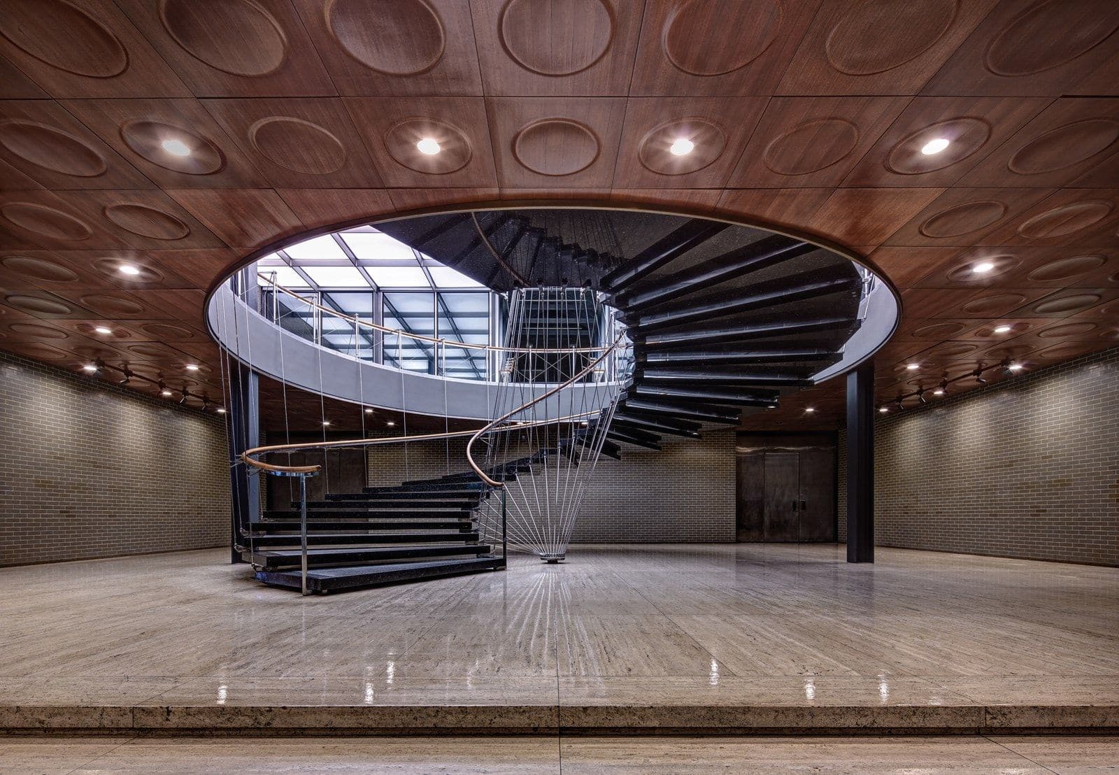 A grand spiral staircase inside the Eero Saarinen-deisgned General Motors Technical Center