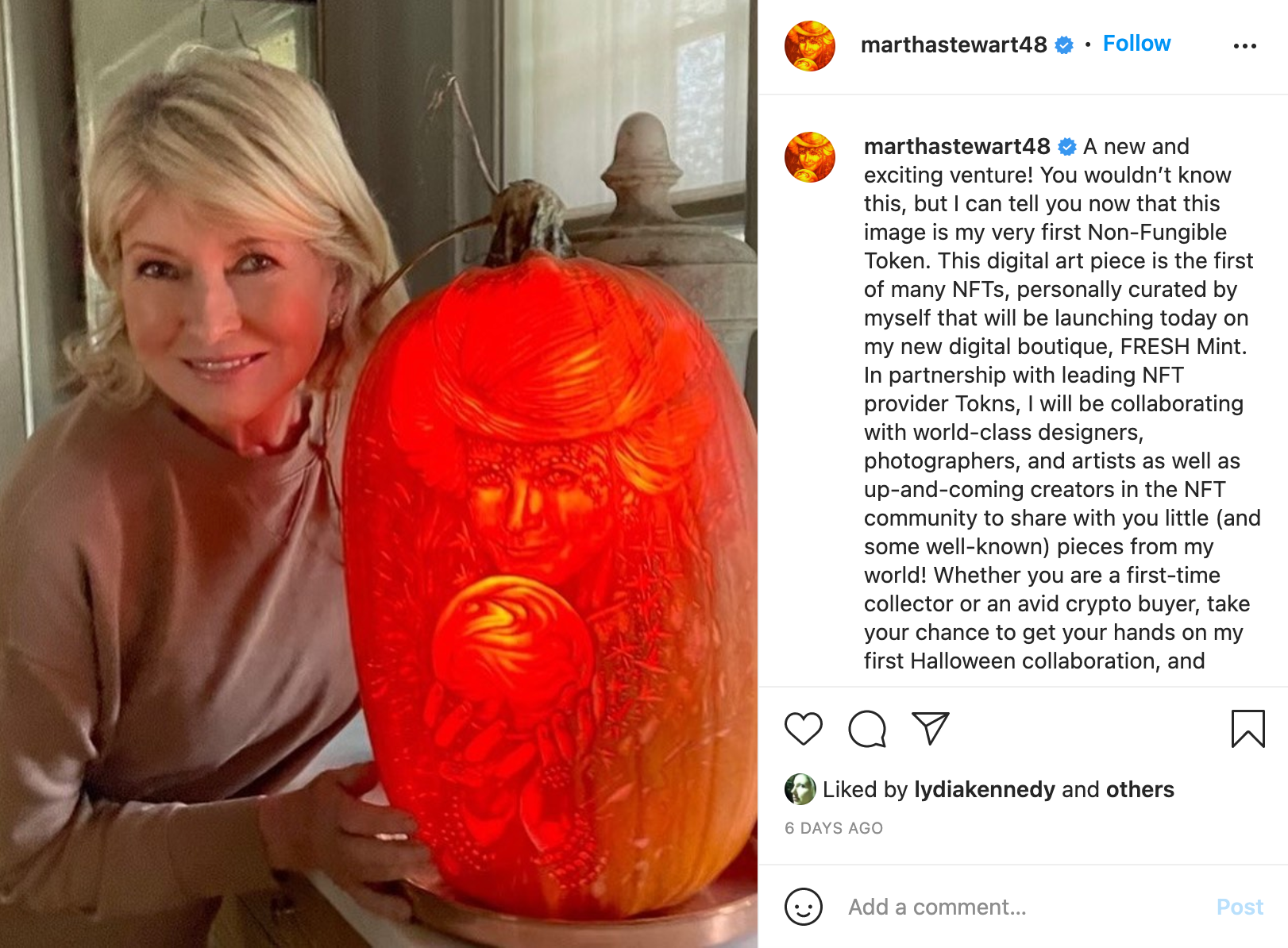Martha Stweart poses alongside her intricately-carved jack-o-lantern, which she'll be selling as an NFT. 