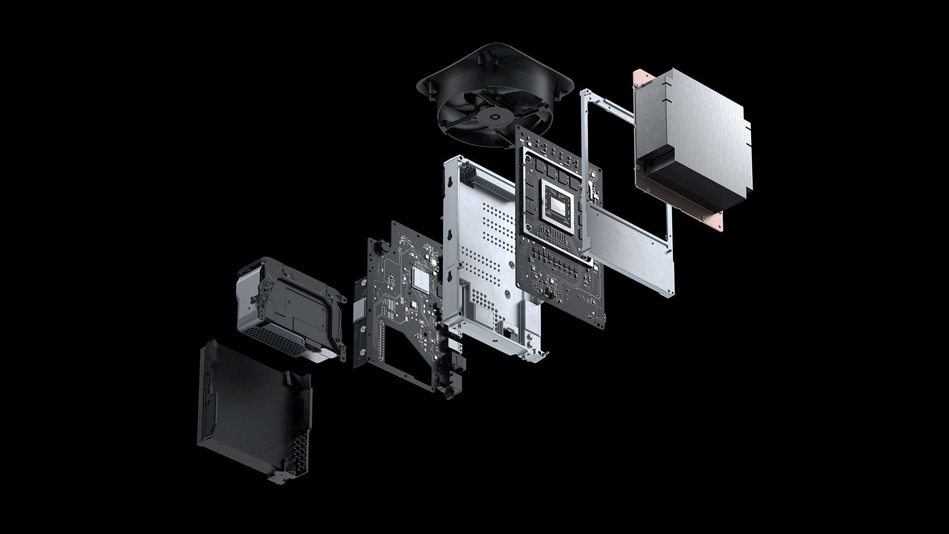 A deconstructed rendering of the new Xbox Series X' high-tech components. 