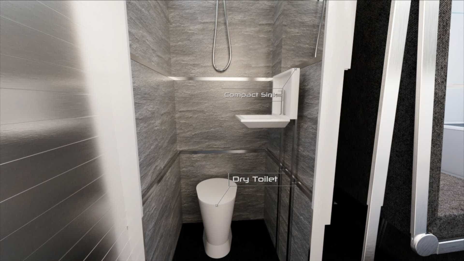 Modern, eco-friendly bathroom in the luxurious CyberLandr Cybertruck Camper add-on.