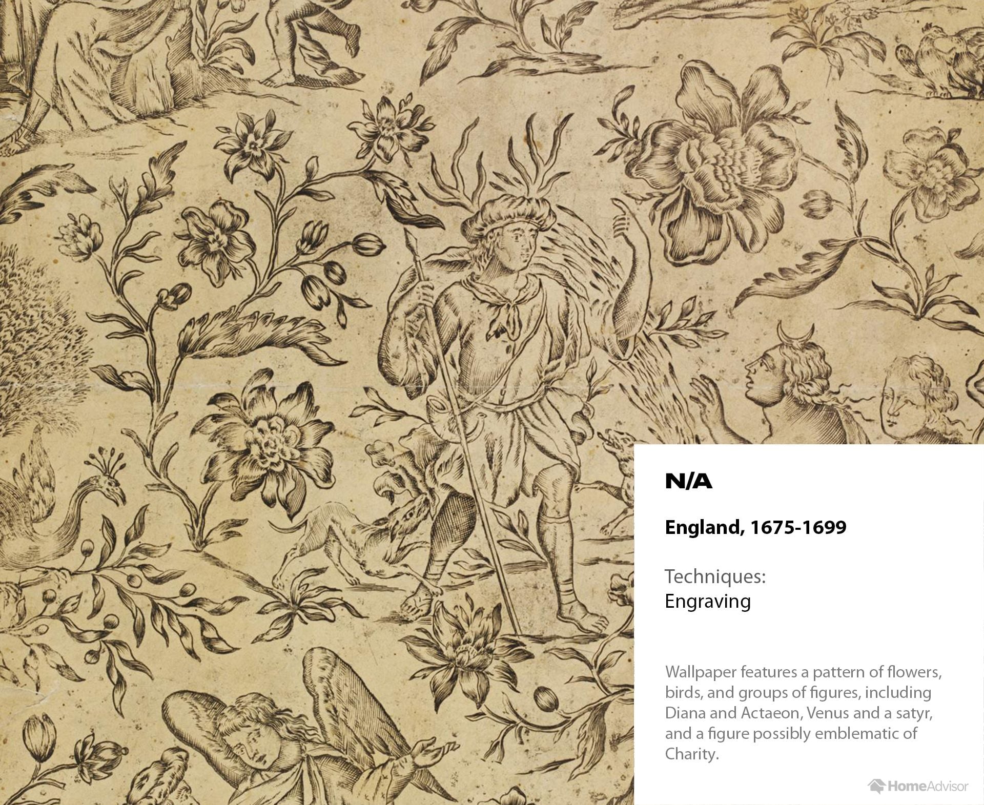 Engraved wallpaper, circa England 1675 to 1699