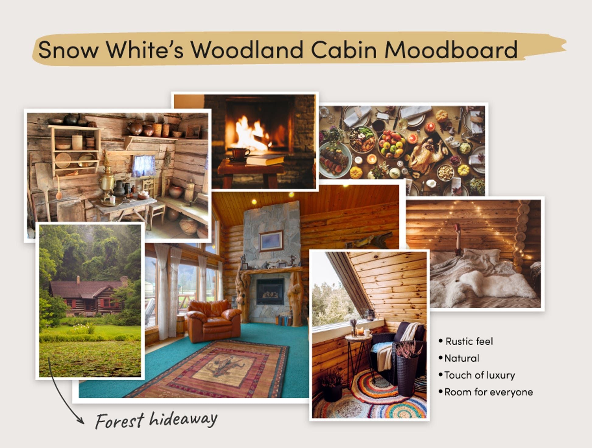 Moodboard the money.co.uk team used to assemble the perfect pieces for Snow White's fantasy woodland cabin. 