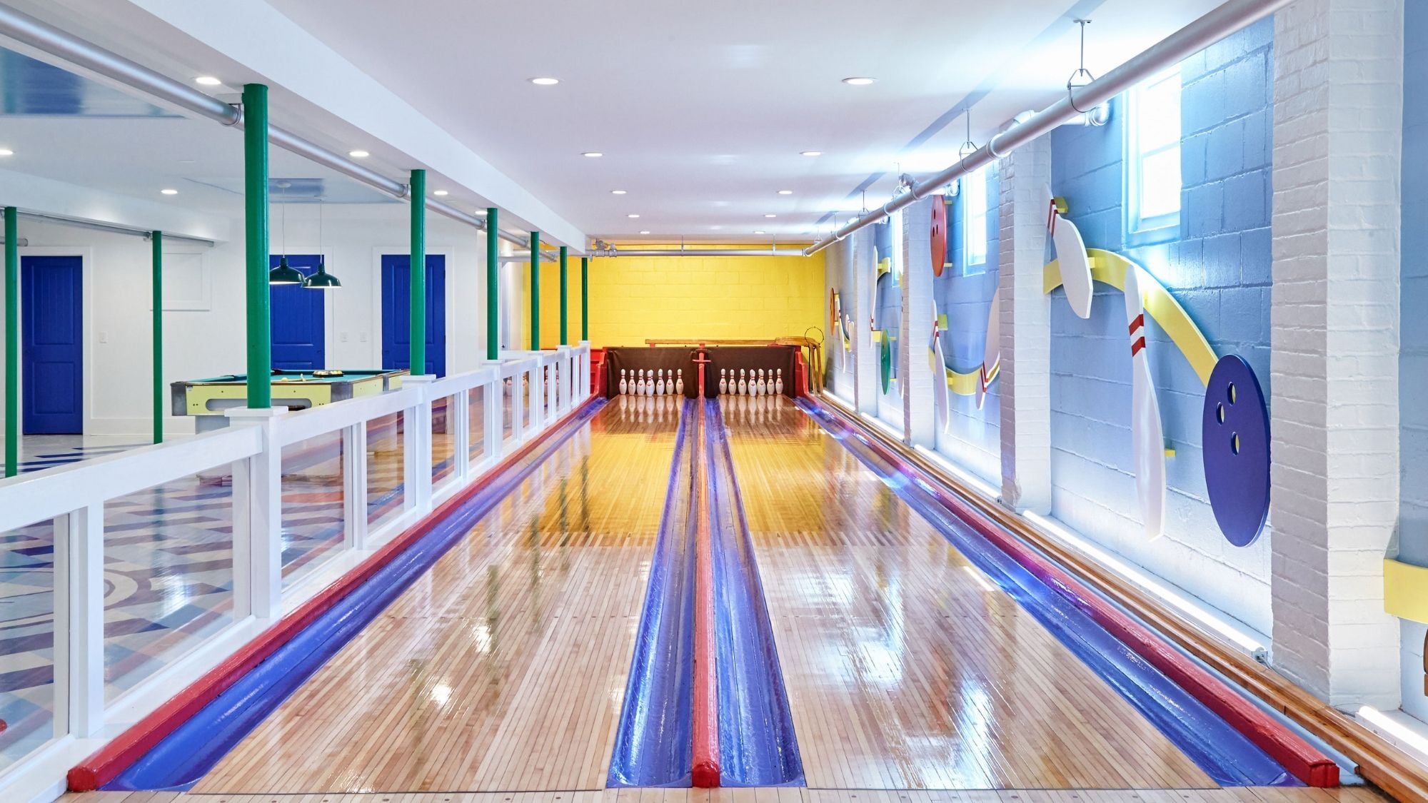 The colorful lanes of the newly renovated Bellport Bowling Alley. 