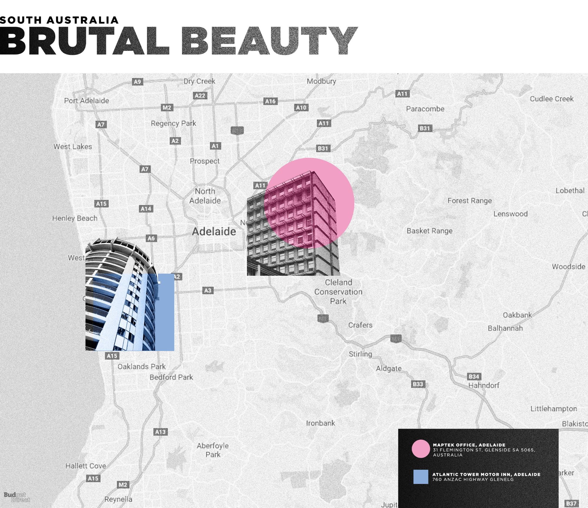 Map shows all the buildings from South Australia featured in Budget Direct Travel Insurance's tribute to Aussie Brutalism.