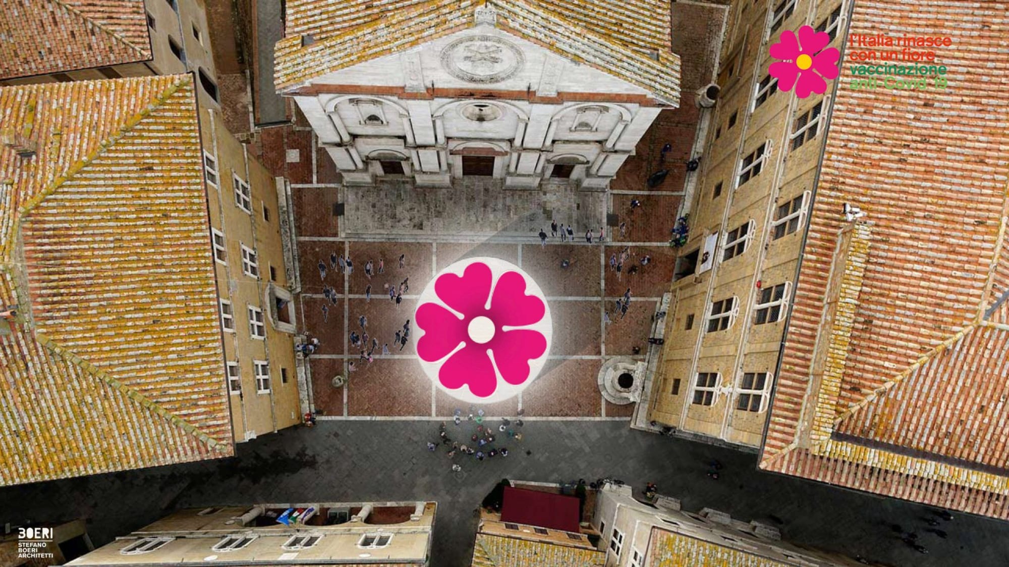 Aerial view of Stefano Boeri's flowery vaccination pavilions.