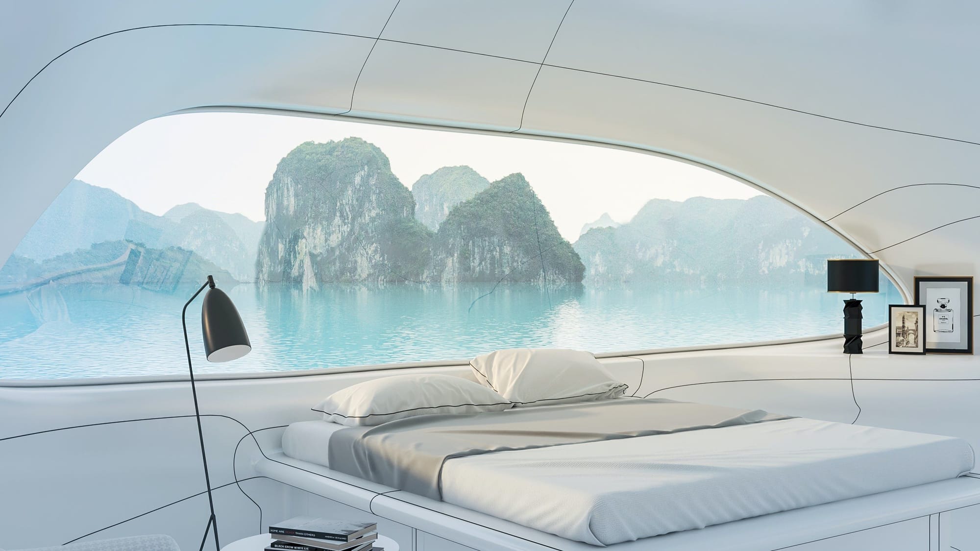 Sleek minimalist primary bedroom with a huge window behind the bed, as seen inside an Ocean Builders SeaPod.