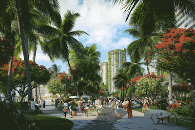 Honolulu's Kalakaua Avenue is transformed into a verdant paradise full of living greenery, as digitally transformed by WATG.