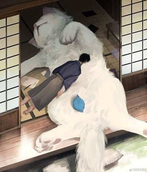 A digital painting by Monokubo depicting a normal-sized person laying facedown on the belly of a giant cat.