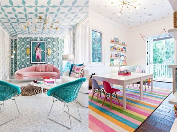 Spruce up your boring white ceilings with geometric patterns or colorful wallpaper. 