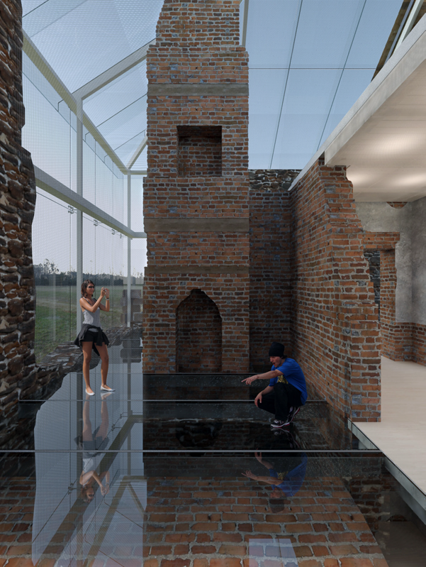 The inside of the preserved house is a truly one-of-a-kind blend of modern glass and historic brick elements. 