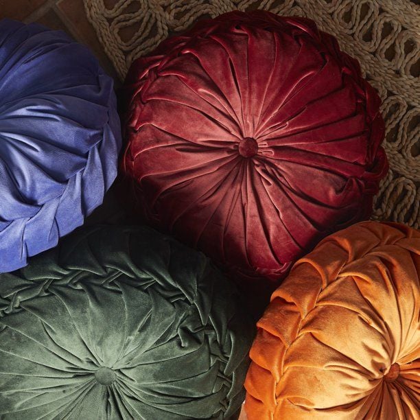 Pleated velvet decorative pillows featured in Drew Barrymore's new 