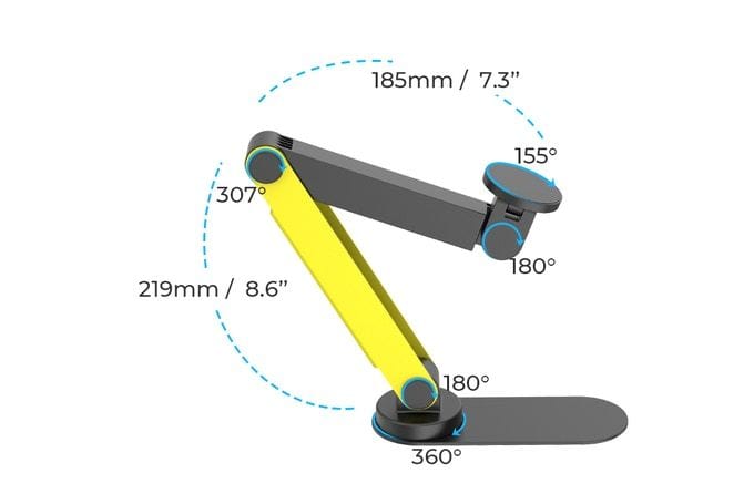 Graphic shows how different parts of the iSwift Roboarm can rotate at different angles.