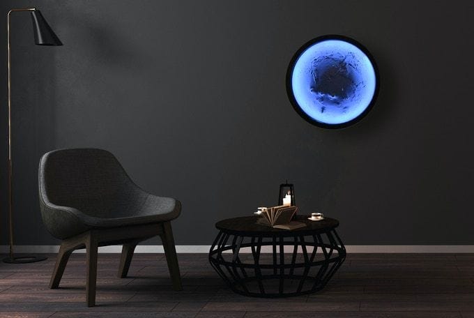 Mars Green Planter glows a cold blue color in a minimalist living space.
