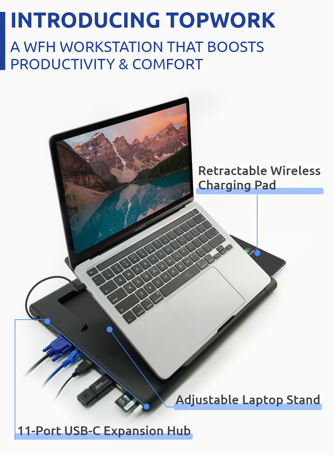 TopWork All-in-One Workstation is a laptop stand, wireless charger, and smart hub all in one.