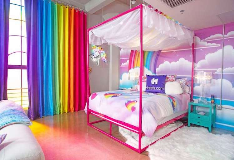 The colorful bedroom inside the new Lisa Frank flat from Hotels.com