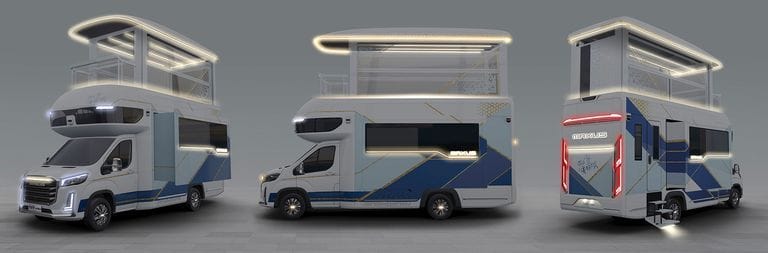 Views of the fully extended Maxus Life Home V90 RV from three different angles.