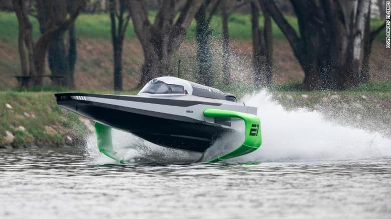 The E1 RaceBird all-electric hydrofoil racing boat in action.