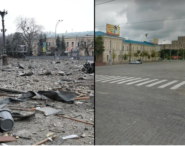 View of the same spot in Kharkiv after (left) and before (right) the Russian invasion.