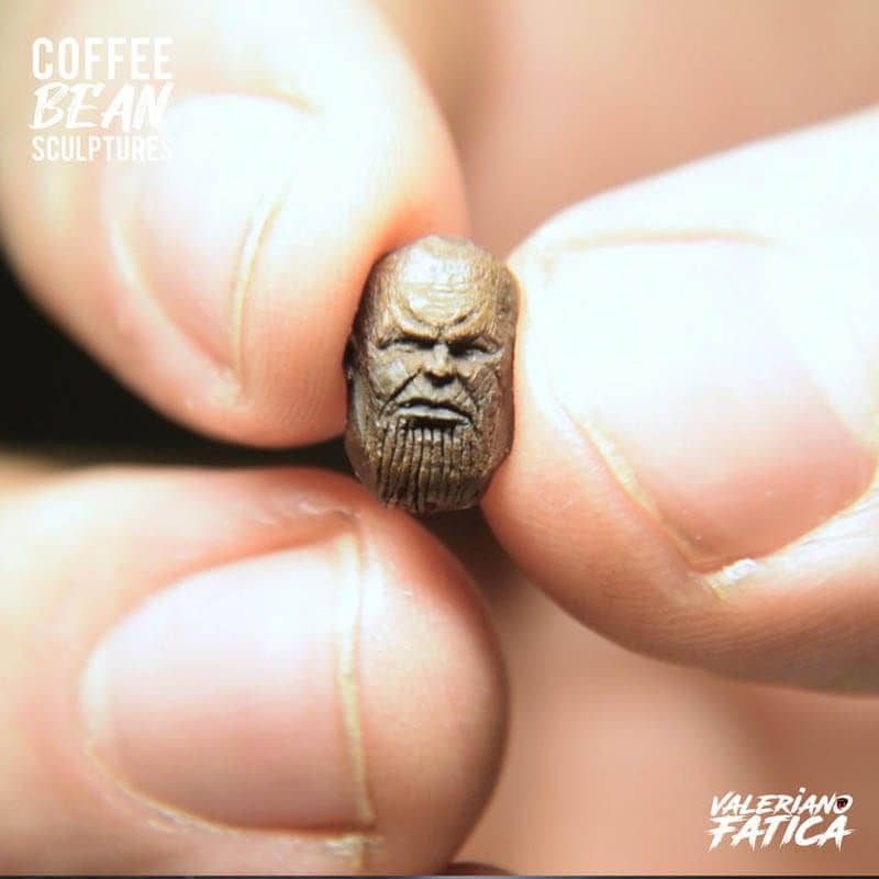 Hand-carved Thanos coffee bean sculpture from Italian artist Valeriano Fatica.
