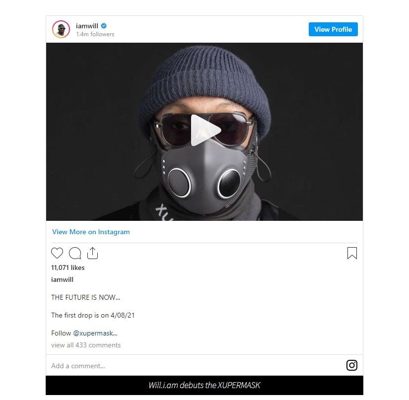 Will.I.Am's initial announcement of the Xupermask on Instagram.