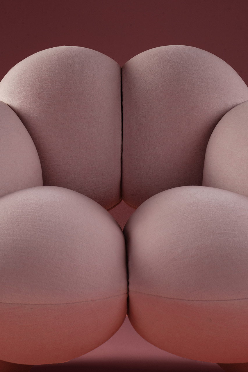 Close-up view of the suggestive Derriére armchair featured in Bohinc Studio's new Peaches collection.