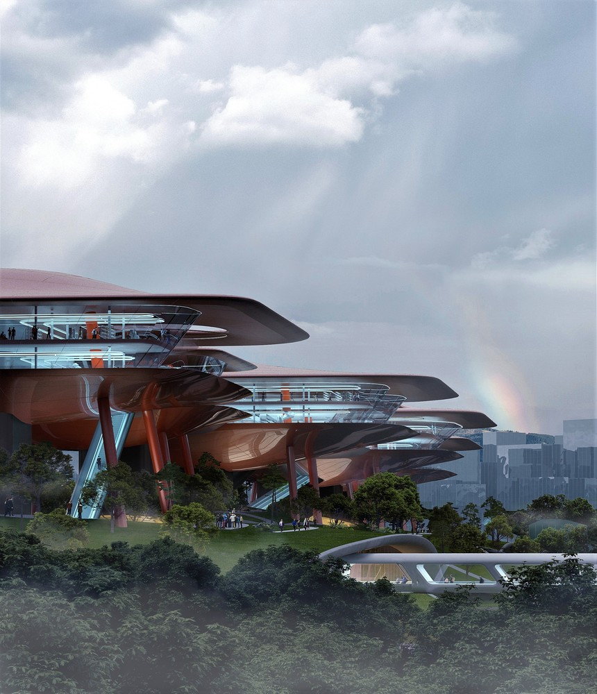 Futuristic Yangtze River Skywalk structure at MAD Architects' upcoming Chongqing Cuntan International Cruise Center. 
