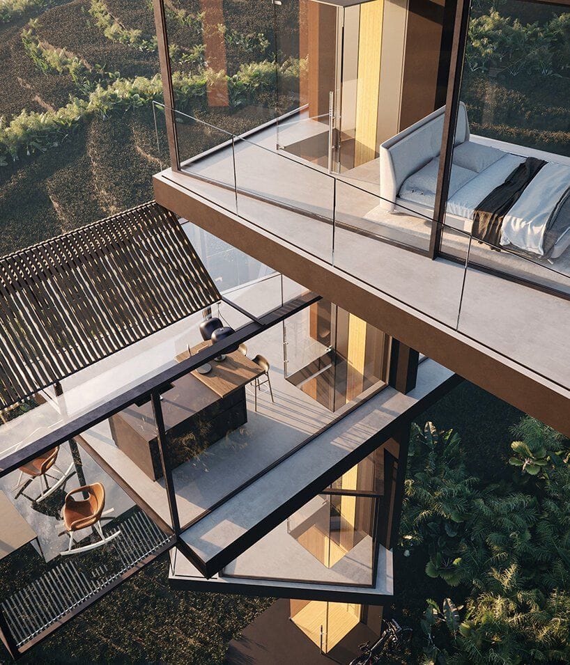 Downward view at each room/level in Adriano Design's Vertical Glass House concept.