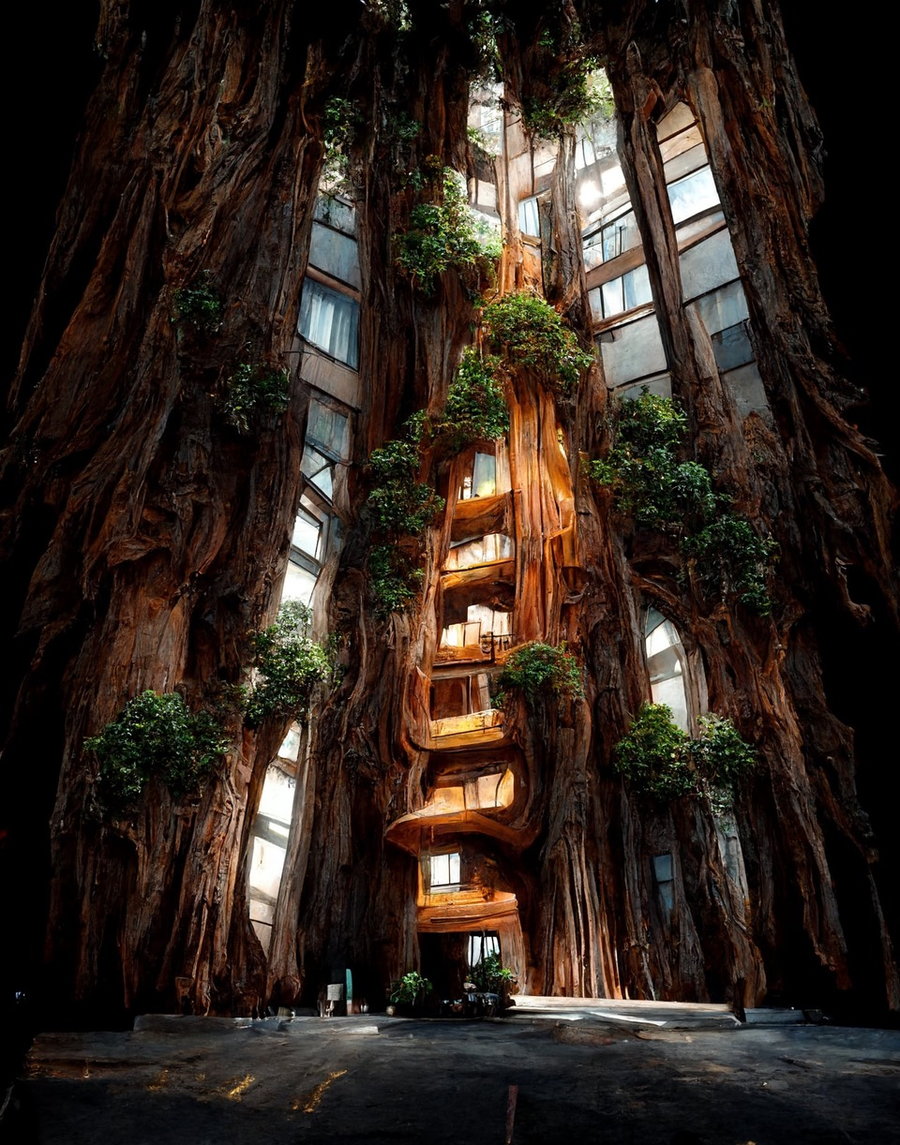 Futuristic housing structure built into a towering redwood tree, as envisioned by Manas Bhatia with the help of AI art generators. 