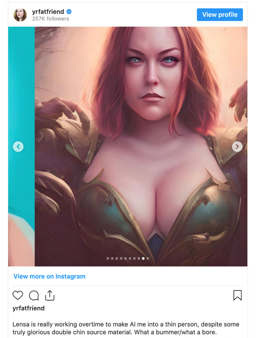 Instagram user complains of the Lensa app making her thinner than she really is, and of oversexualizing the rendering.