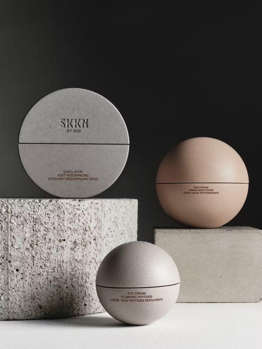 Capsule-like packaging for Kim Kardashian's SKKN luxury skincare products.