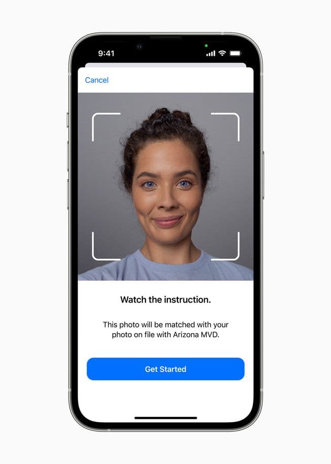 Instruction screen prompts Apple user to submit a selfie to verify their digital driver's license.
