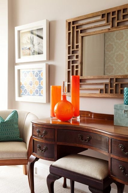 Colorful vignettes like this one make for great accent scenes in living and dining areas.