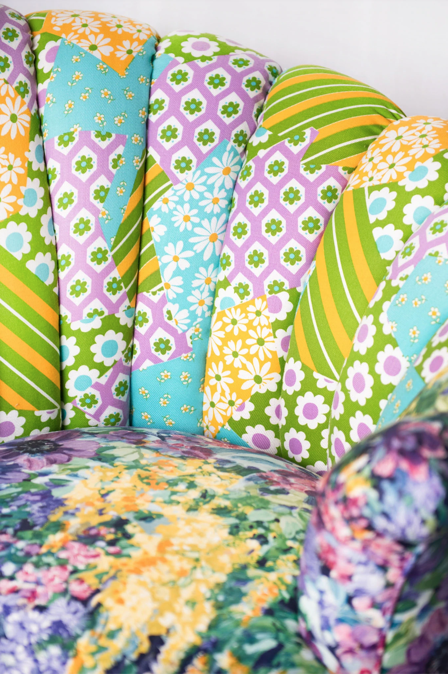 Close-up view of the brightly-patterned Nautilus Chair featured in Batsheva Hay's Batsheva Home collection.