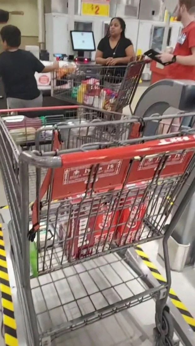 Shopping cart is scanned and weighed by the 