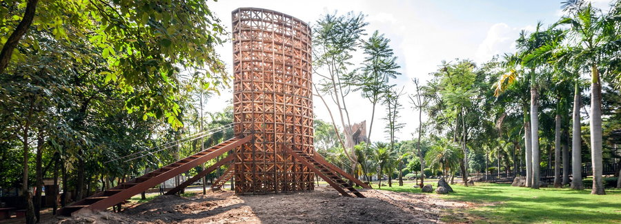 Booserm Premthada-designed rice tower made from repurposed barns in Nakhon Ratchasima, Thailand.